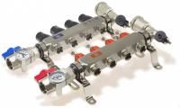 Коллекторная группа Tim (KAS5003) 1" ВР-ВР, 3 отвода 3/4", нержавеющая сталь, расходомер, воздухоотводчик, сливной кран, торцевой кран, термометр