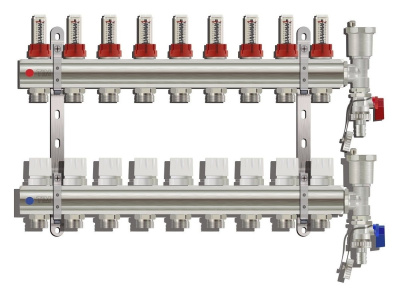 Коллекторная группа Tim (KC009) 1" ВР, 9 отводов 3/4", расходомер, воздухоотводчик, сливной кран