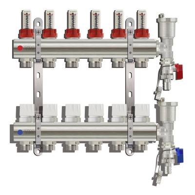 Коллекторная группа Tim (KC006) 1" ВР, 6 отводов 3/4", расходомер, воздухоотводчик, сливной кран